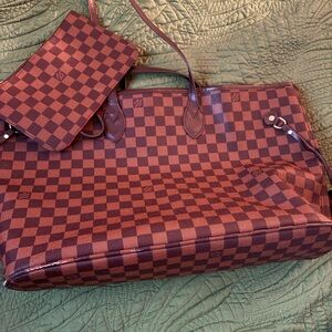 Louis Vuitton Brown Checkered Tote Bag with matching wristlet.